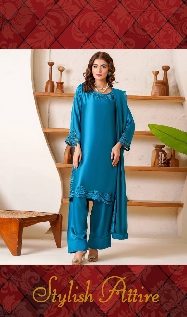 Pakistani Lasercut Silk Stitched 3Pcs with Chiffon Dupatta & Farshi Salwar _ Sea Green